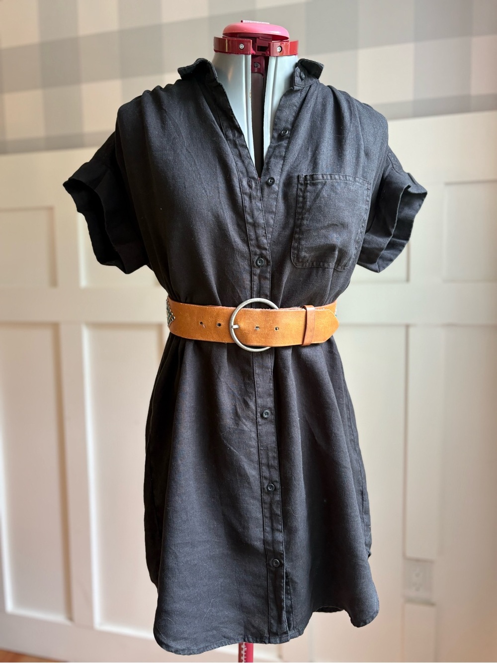 Cloth & Stone Linen Black Button-Front Mini Dress with Tan Belt XS
